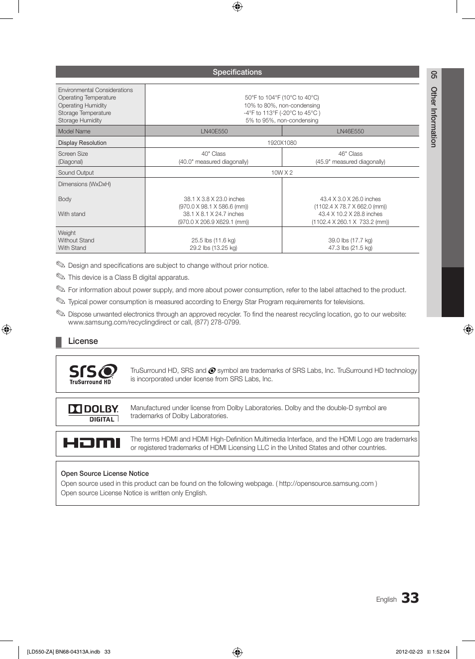 Samsung LN46E550F6FXZA User Manual | Page 33 / 35