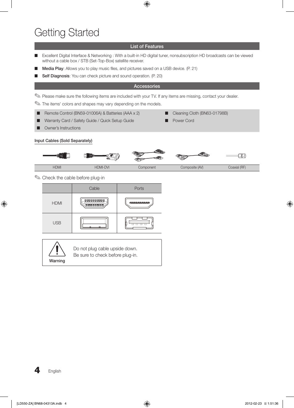 Getting started | Samsung LN46E550F6FXZA User Manual | Page 4 / 35