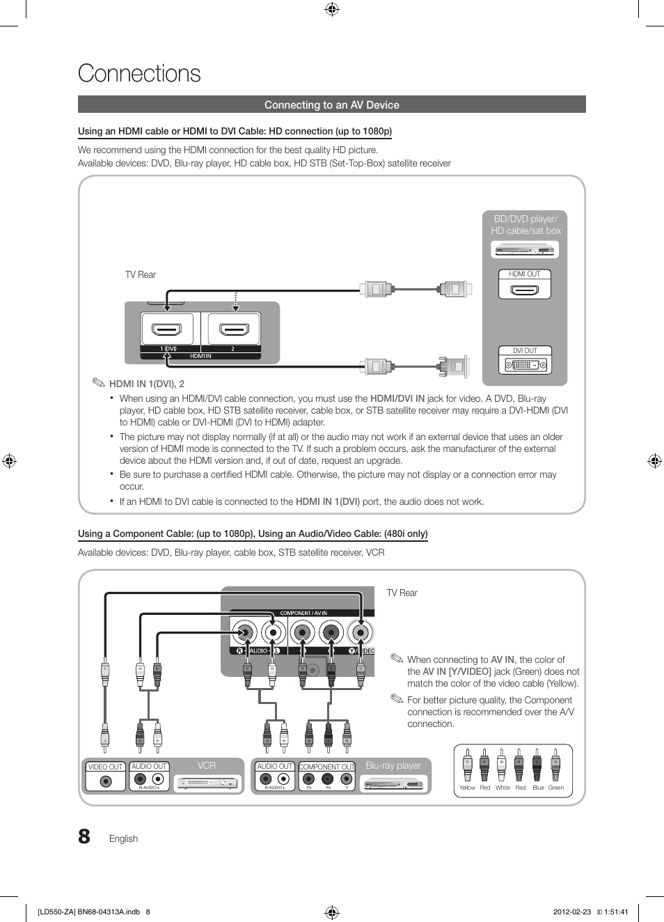 Connections, Connecting to an av device, Hdmi in 1(dvi), 2 | Tv rear, Blu-ray player, Tv rear english | Samsung LN46E550F6FXZA User Manual | Page 8 / 35