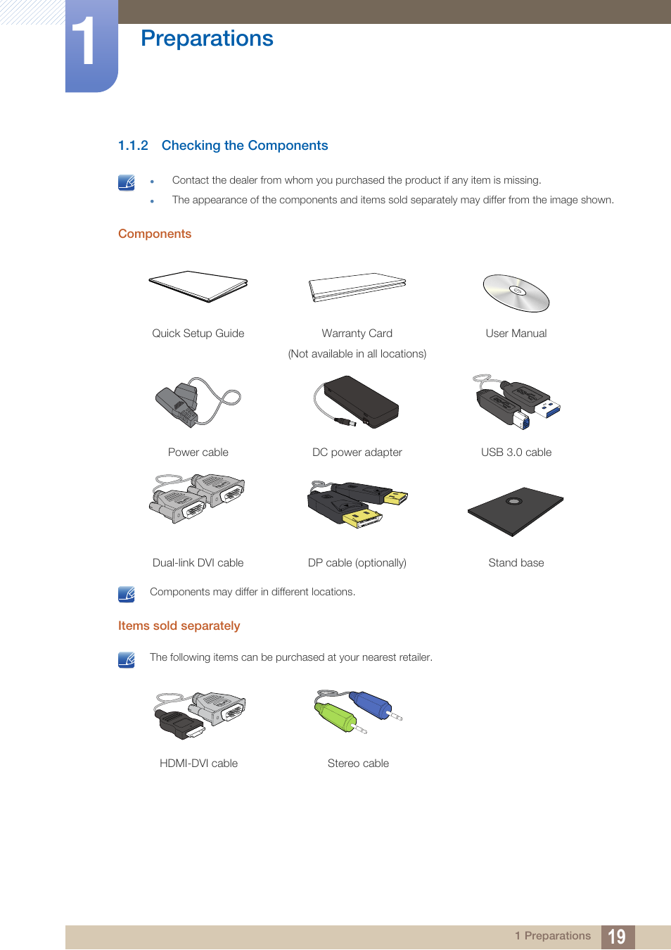 2 checking the components, Checking the components, Preparations | Samsung LS27A850DS-ZA User Manual | Page 19 / 90