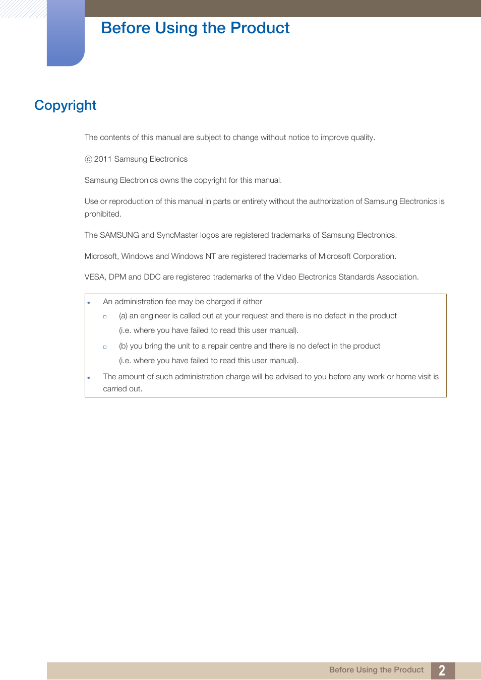 Before using the product, Copyright | Samsung LS27A850DS-ZA User Manual | Page 2 / 90