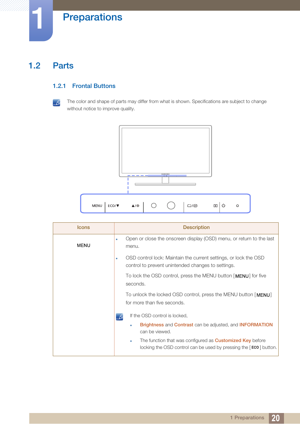 2 parts, 1 frontal buttons, Parts | Frontal buttons, Preparations | Samsung LS27A850DS-ZA User Manual | Page 20 / 90