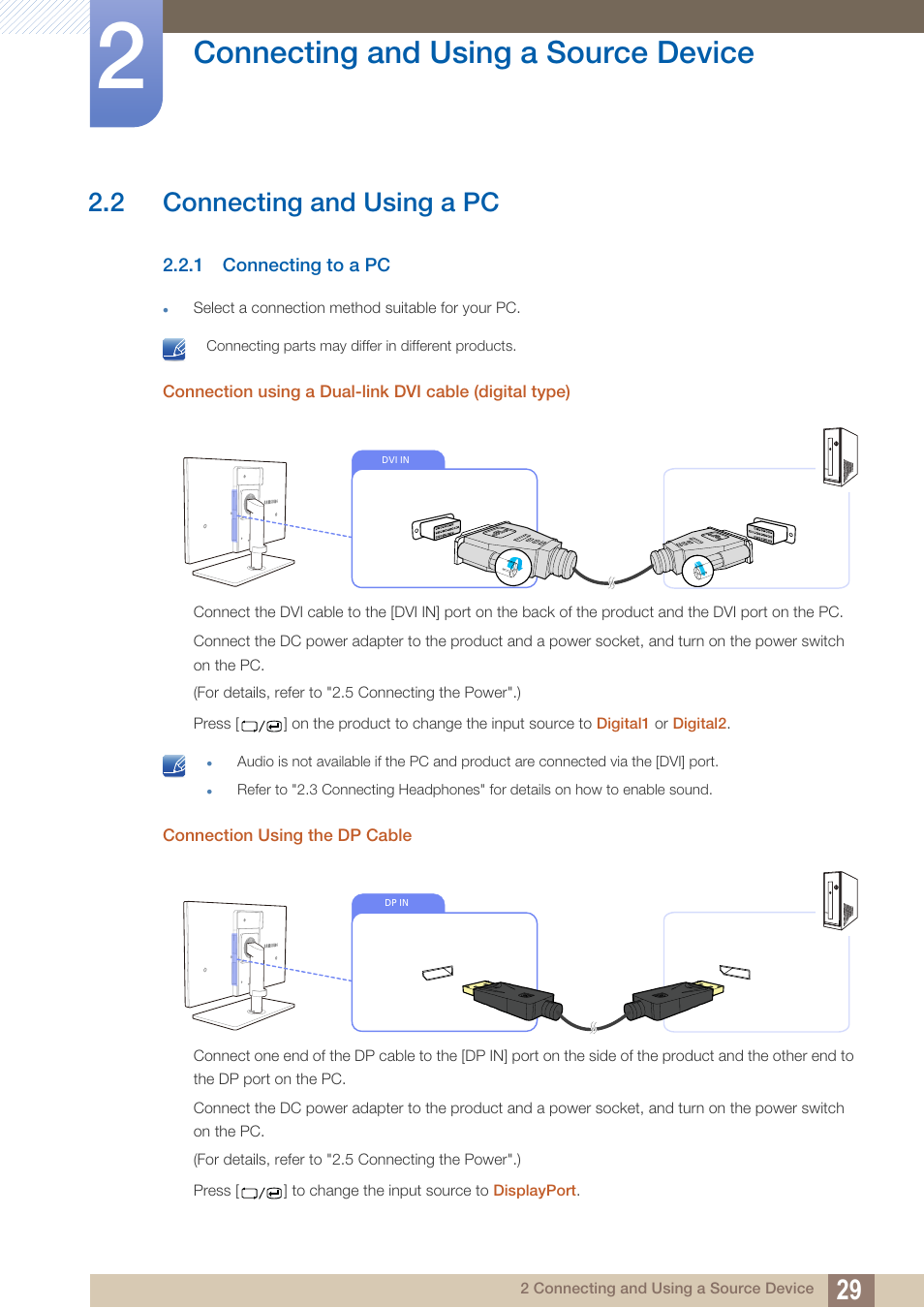 2 connecting and using a pc, 1 connecting to a pc, Connecting and using a pc | Connecting to a pc, Connecting and using a source device | Samsung LS27A850DS-ZA User Manual | Page 29 / 90