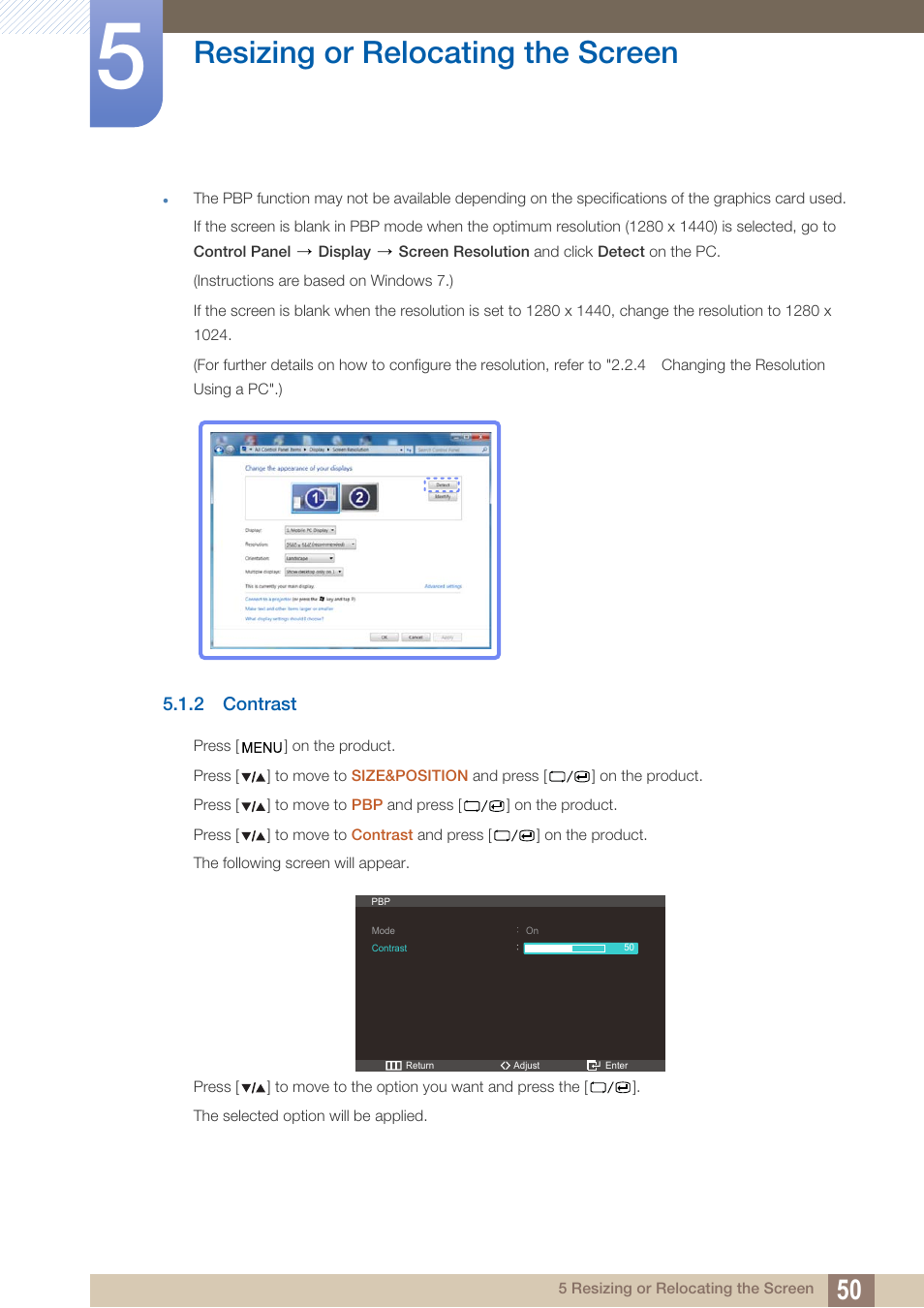 2 contrast, Contrast, Resizing or relocating the screen | Samsung LS27A850DS-ZA User Manual | Page 50 / 90