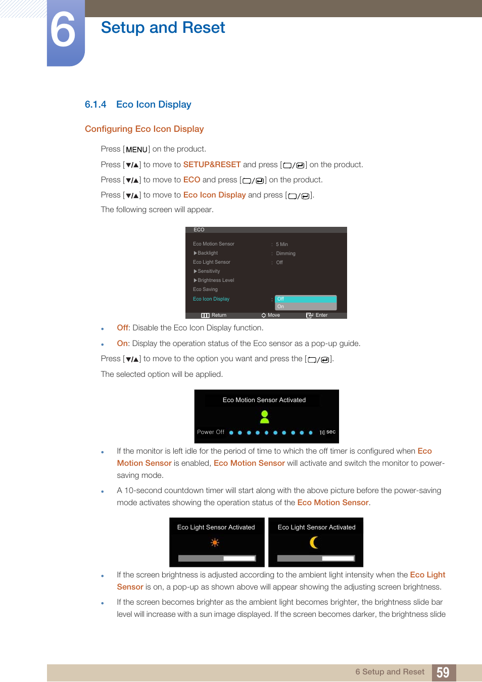 4 eco icon display, Eco icon display, Setup and reset | Samsung LS27A850DS-ZA User Manual | Page 59 / 90