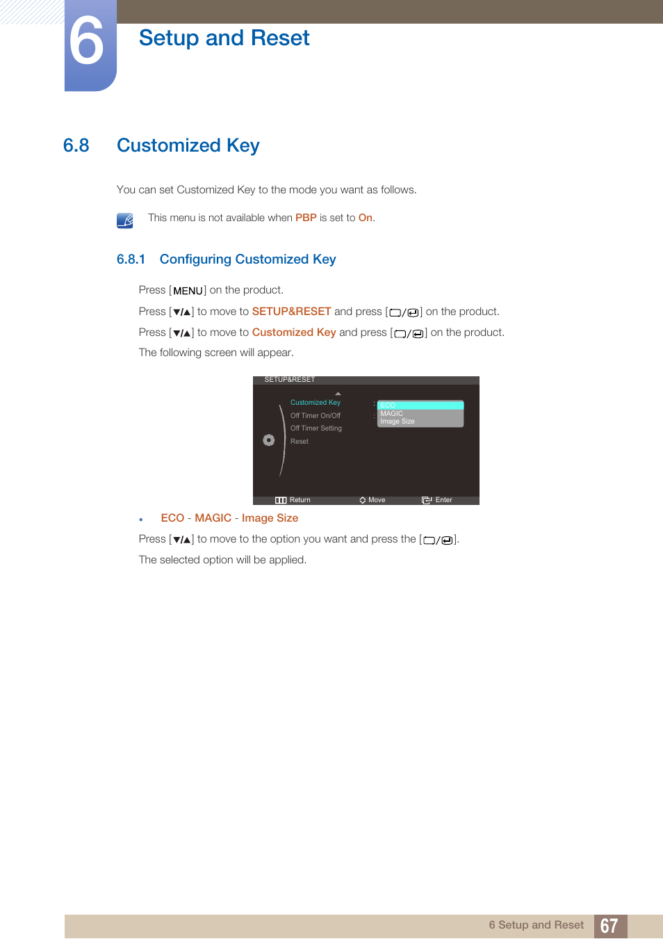 8 customized key, 1 configuring customized key, Customized key | Configuring customized key, Setup and reset | Samsung LS27A850DS-ZA User Manual | Page 67 / 90