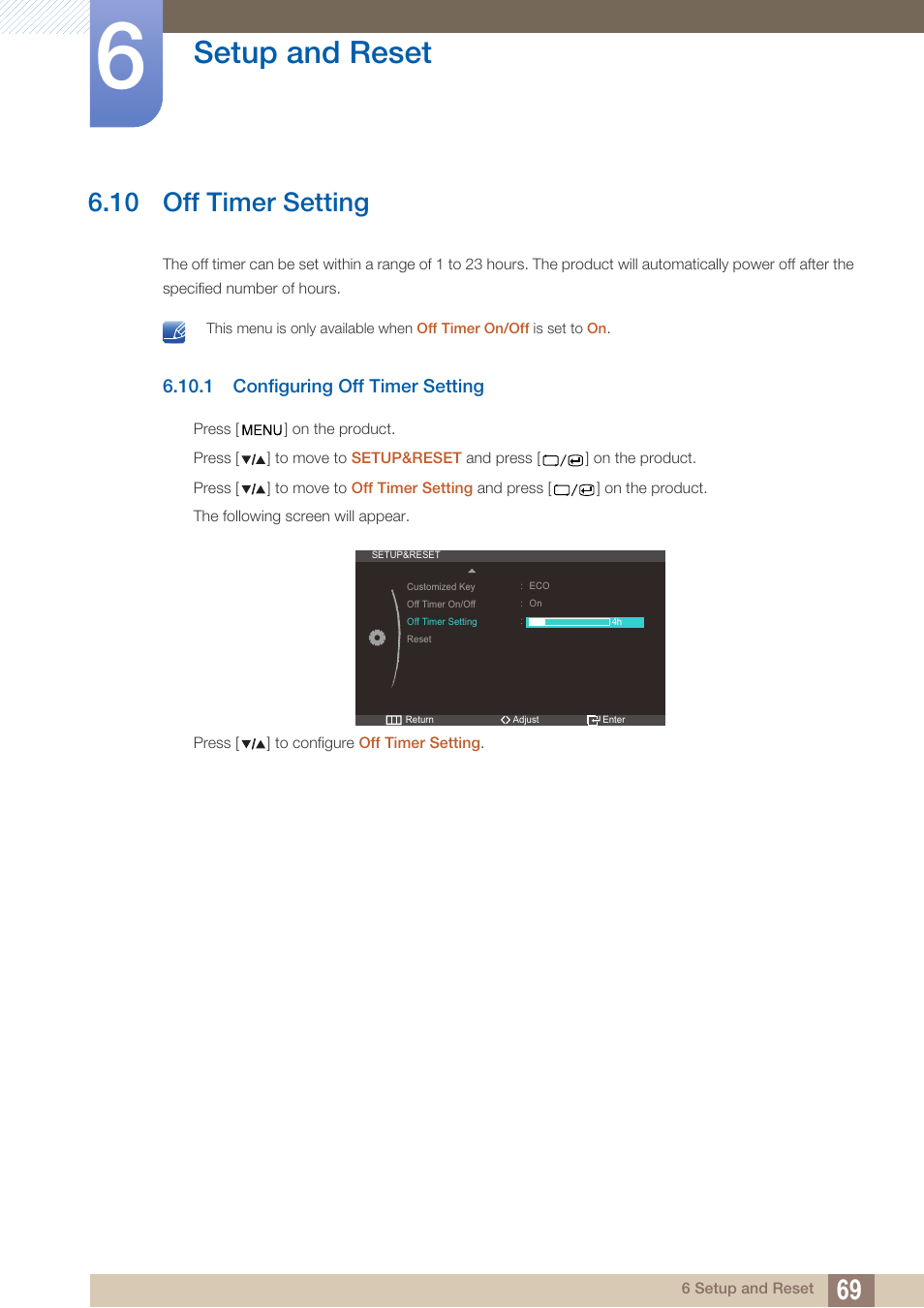 10 off timer setting, 1 configuring off timer setting, Off timer setting | Configuring off timer setting, Setup and reset | Samsung LS27A850DS-ZA User Manual | Page 69 / 90