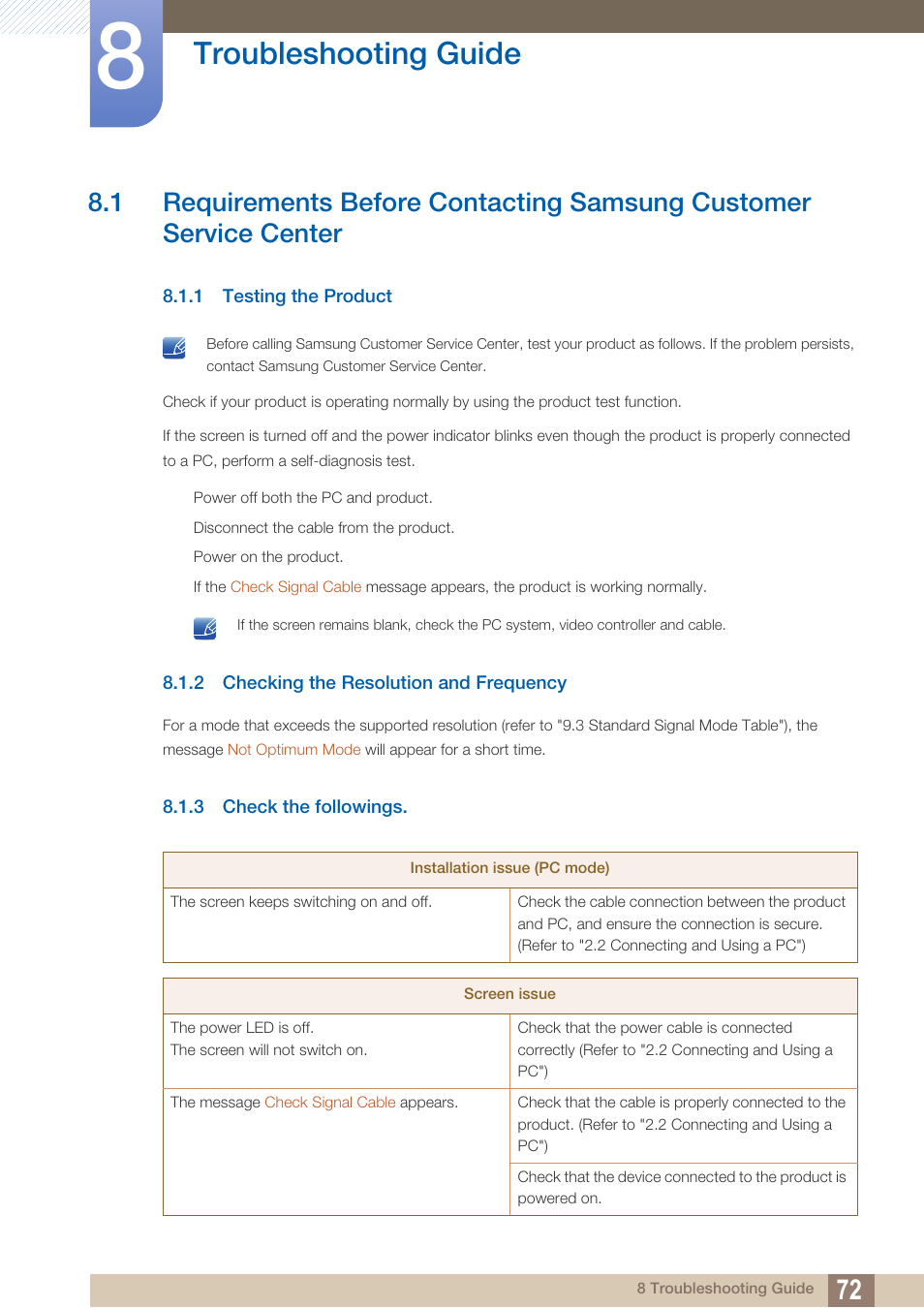 Troubleshooting guide, 1 testing the product, 2 checking the resolution and frequency | 3 check the followings, Troubleshooting, Guide, Testing the product, Checking the resolution and frequency, Check the followings | Samsung LS27A850DS-ZA User Manual | Page 72 / 90