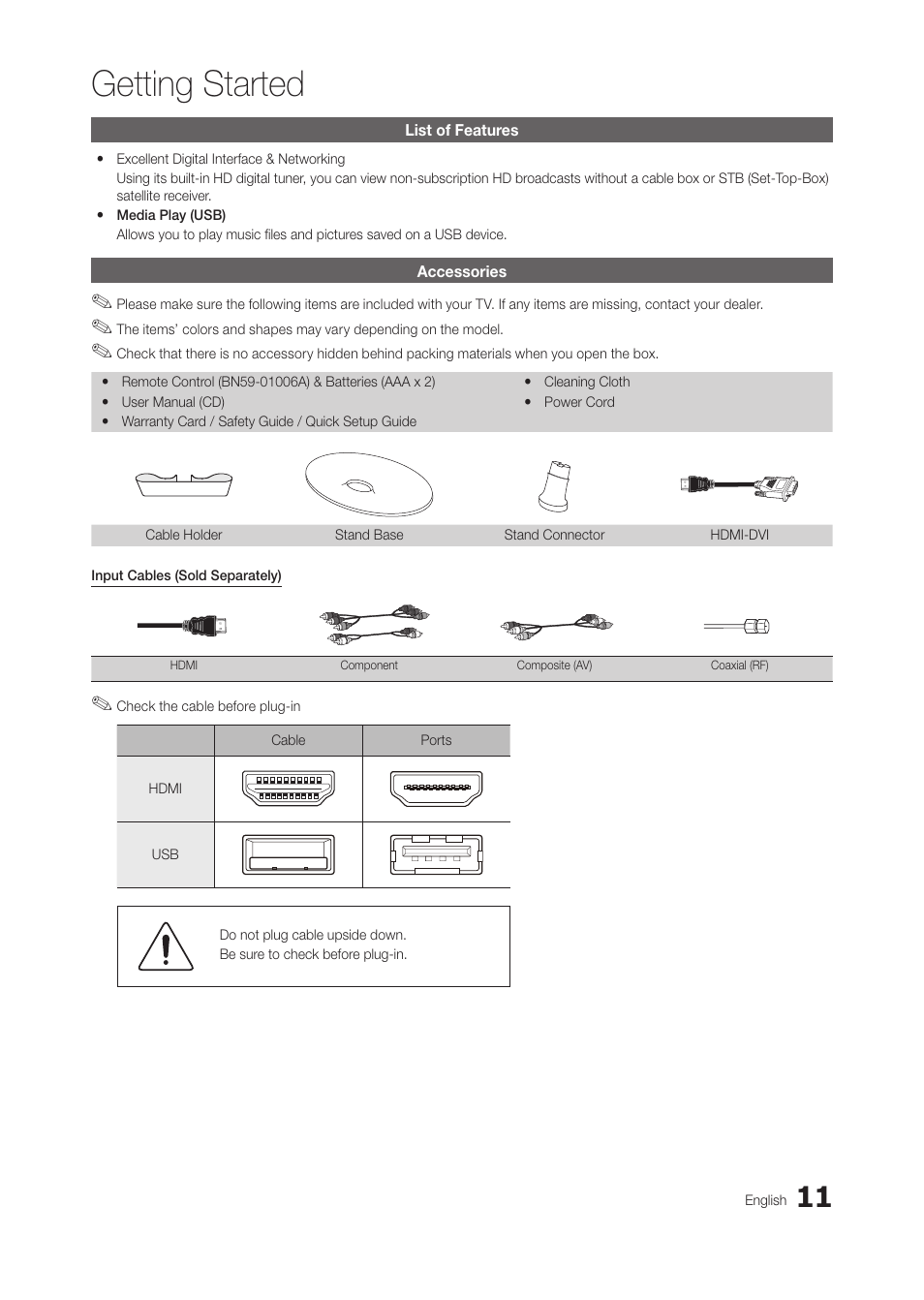 List of features, Accessories, Getting started | Samsung LT27A300ND-ZA User Manual | Page 11 / 42