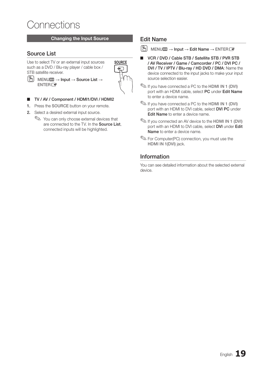 Changing the input source, Connections | Samsung LT27A300ND-ZA User Manual | Page 19 / 42