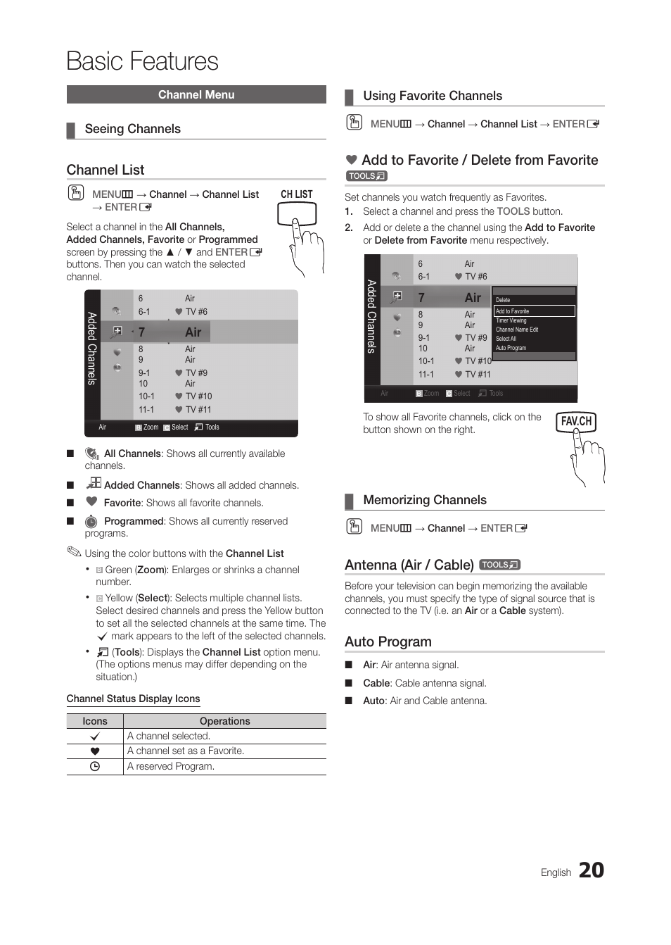 Basic features, Channel menu, Seeing channels | Using favorite channels, Memorizing channels, Channel list, Add to favorite / delete from favorite, Antenna (air / cable), Auto program | Samsung LT27A300ND-ZA User Manual | Page 20 / 42
