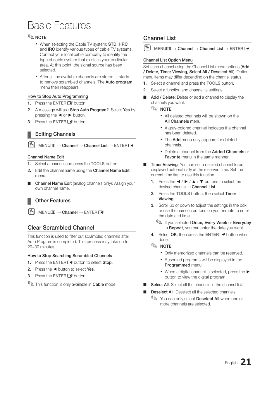 Editing channels, Other features, Basic features | Samsung LT27A300ND-ZA User Manual | Page 21 / 42