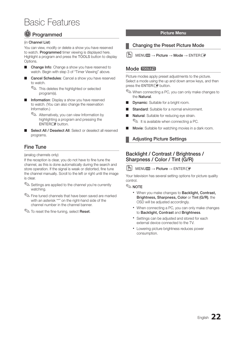 Picture menu, Changing the preset picture mode, Adjusting picture settings | Basic features | Samsung LT27A300ND-ZA User Manual | Page 22 / 42