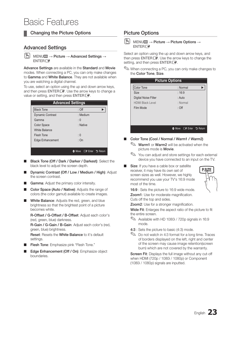 Changing the picture options, Basic features, Advanced settings | Picture options | Samsung LT27A300ND-ZA User Manual | Page 23 / 42