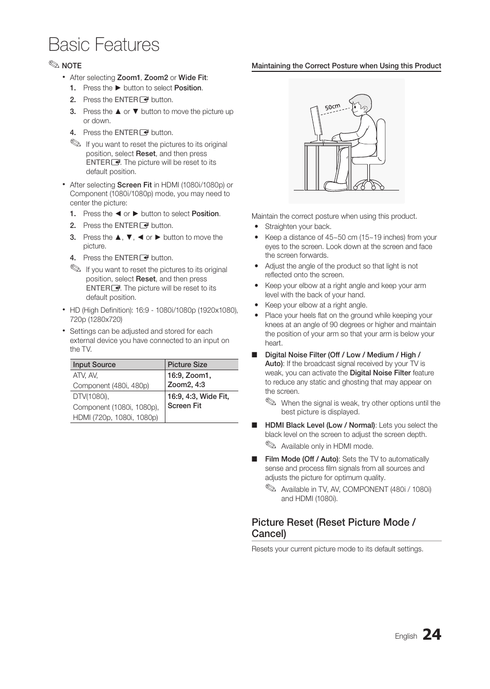 Basic features, Picture reset (reset picture mode / cancel) | Samsung LT27A300ND-ZA User Manual | Page 24 / 42