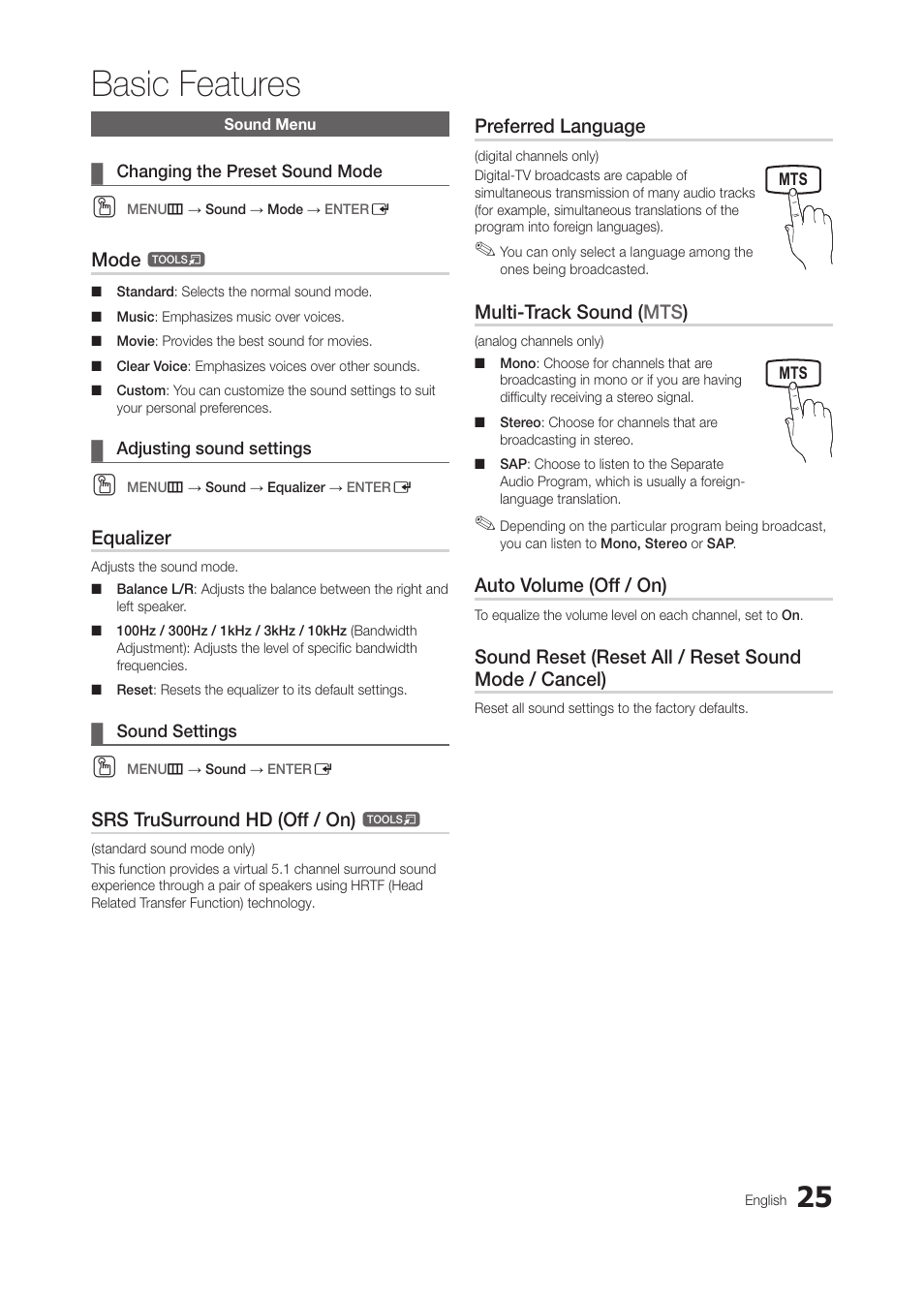 Sound menu, Changing the preset sound mode, Adjusting sound settings | Sound settings, Basic features | Samsung LT27A300ND-ZA User Manual | Page 25 / 42