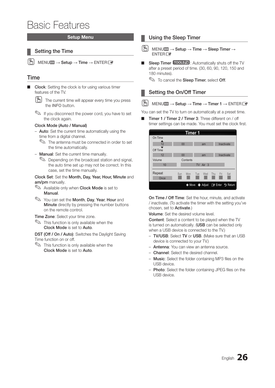 Setup menu, Setting the time, Using the sleep timer | Setting the on/off timer, Basic features, Time | Samsung LT27A300ND-ZA User Manual | Page 26 / 42