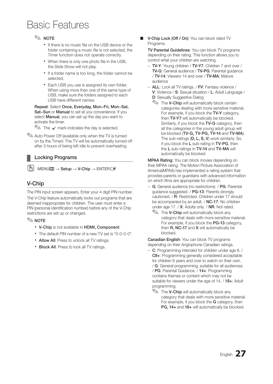 Locking programs, Basic features | Samsung LT27A300ND-ZA User Manual | Page 27 / 42