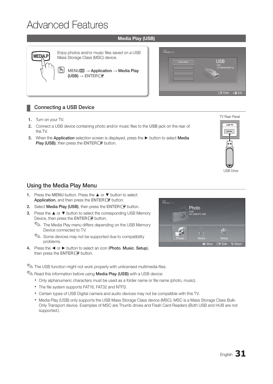 Advanced features, Media play (usb), Connecting a usb device | Using the media play menu, Media play (usb) media.p, Photo, Music, English, Menu m → application → media play (usb) → enter e, The file system supports fat16, fat32 and ntfs | Samsung LT27A300ND-ZA User Manual | Page 31 / 42