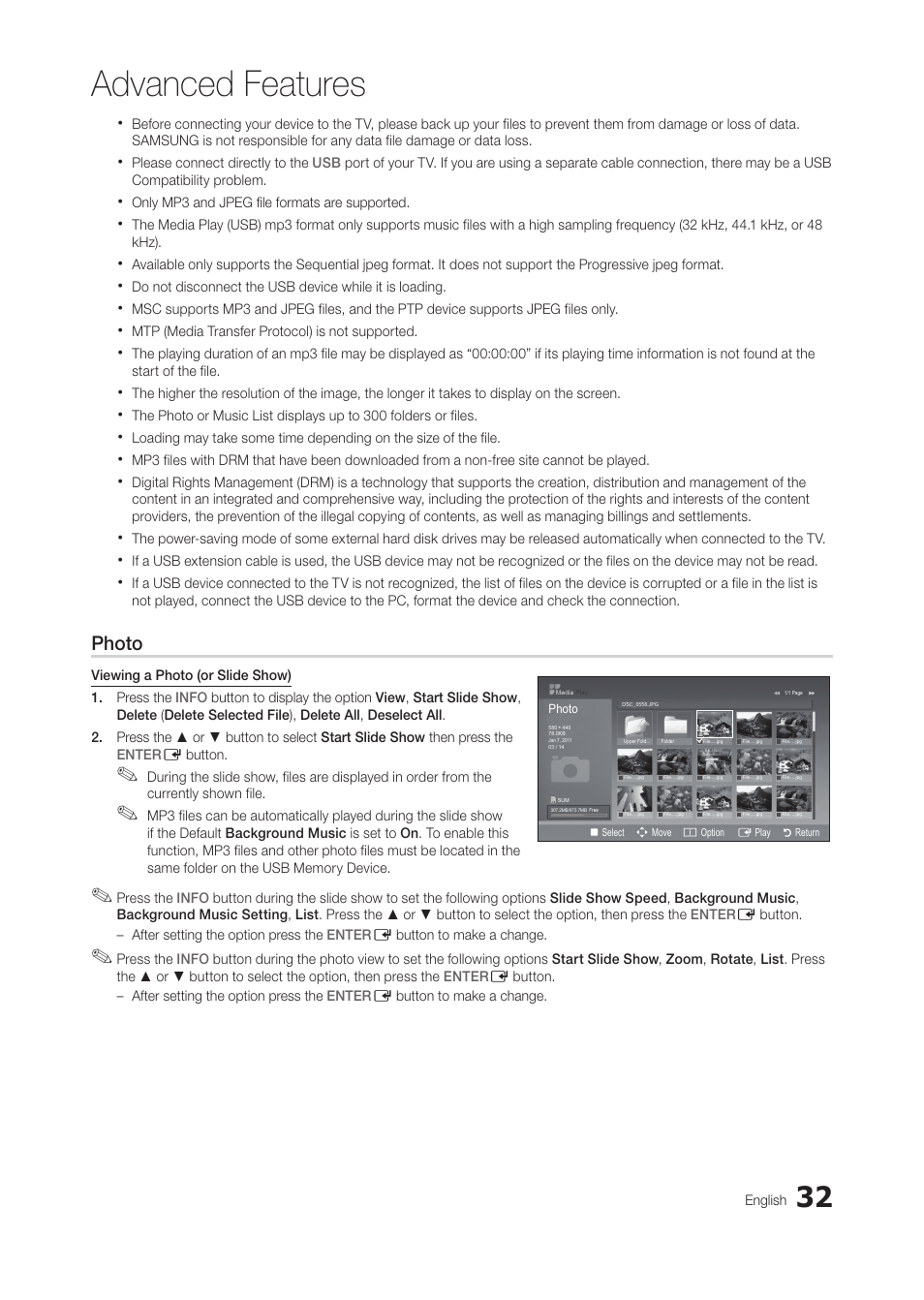 Advanced features, Photo | Samsung LT27A300ND-ZA User Manual | Page 32 / 42