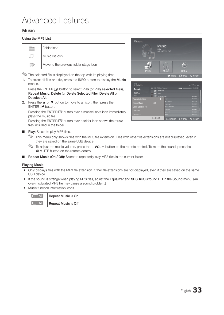 Advanced features, Music, Photo | English | Samsung LT27A300ND-ZA User Manual | Page 33 / 42