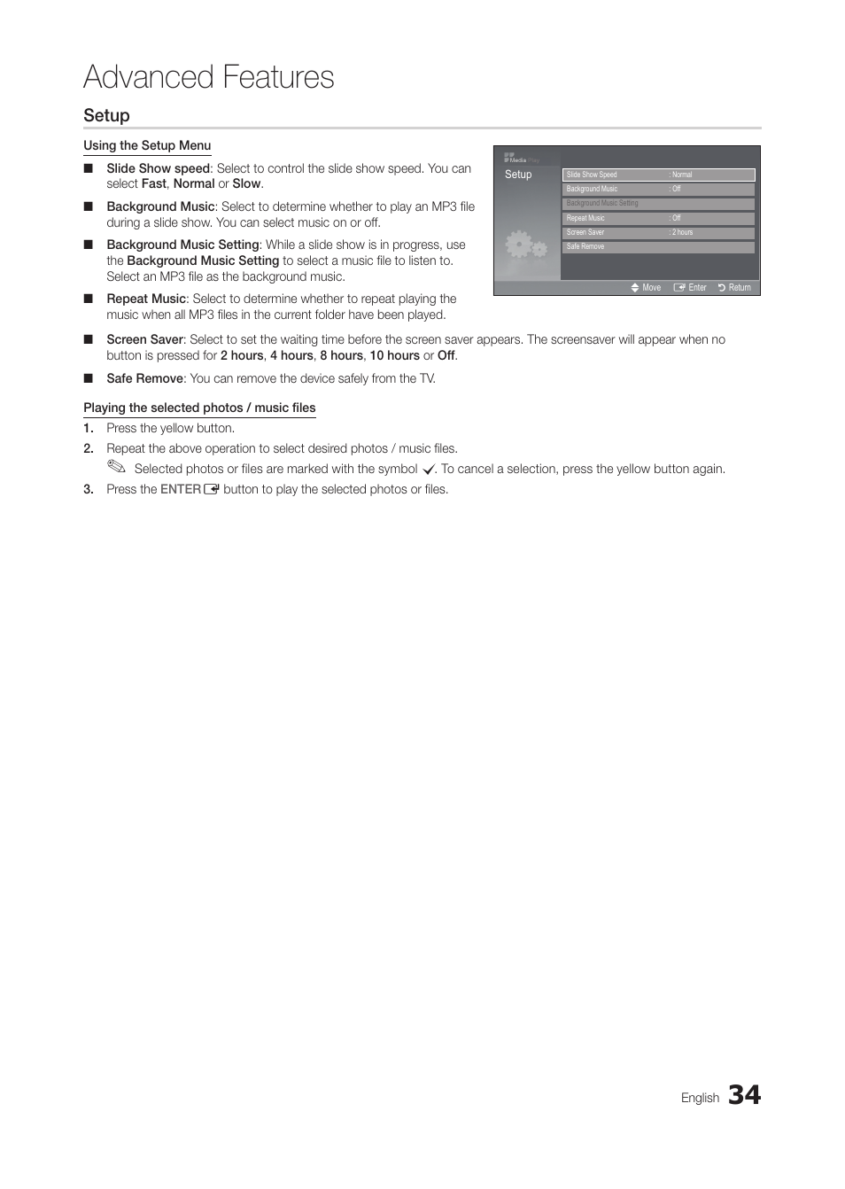 Advanced features, Setup, Photo | Music, English | Samsung LT27A300ND-ZA User Manual | Page 34 / 42