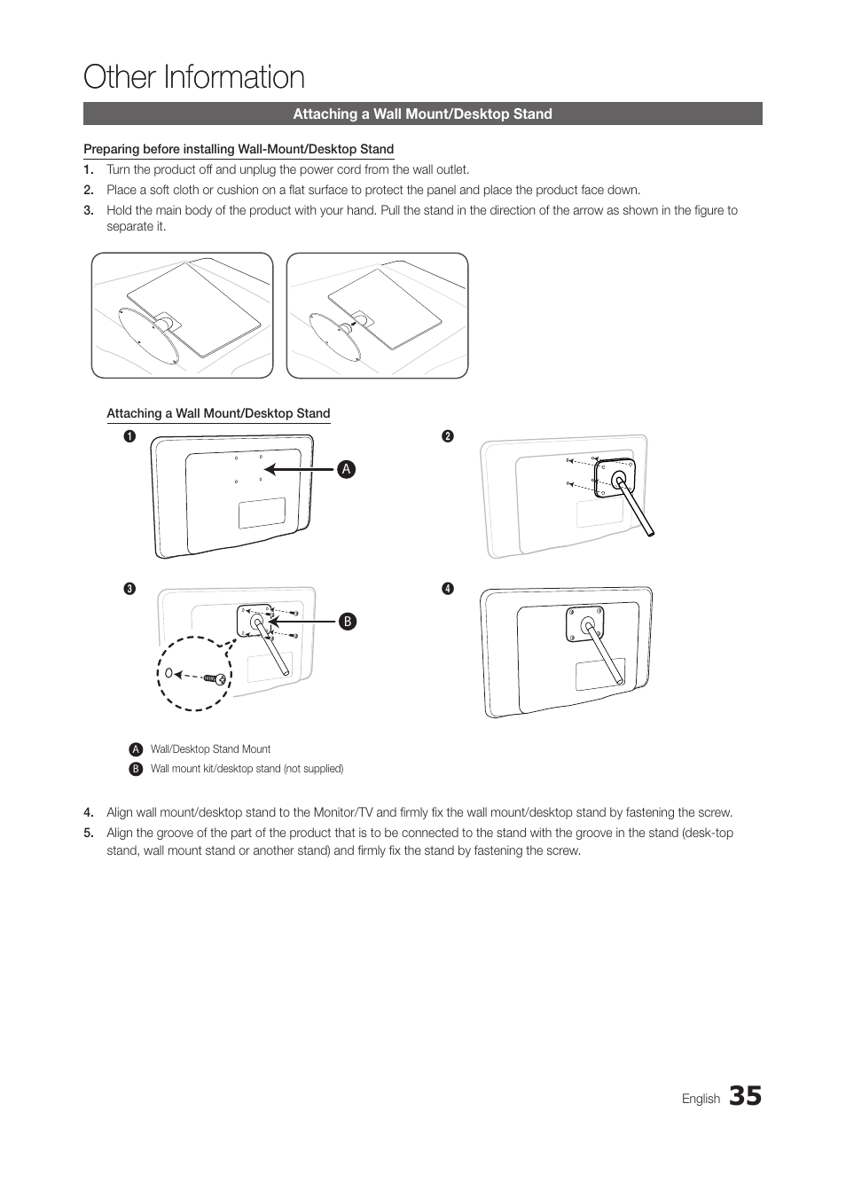 Other information, Attaching a wall mount/desktop stand | Samsung LT27A300ND-ZA User Manual | Page 35 / 42