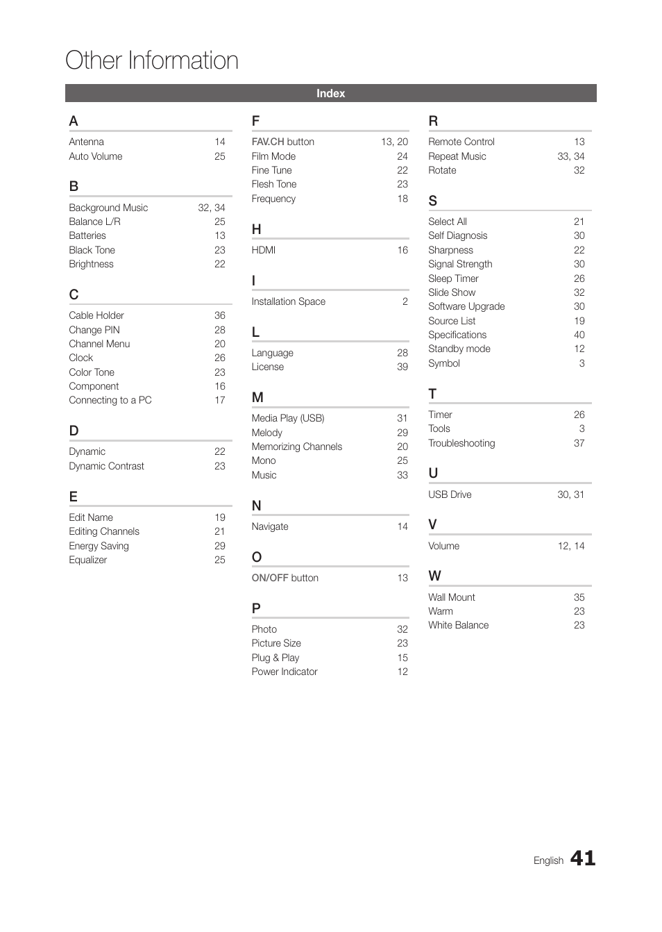 Index, Other information | Samsung LT27A300ND-ZA User Manual | Page 41 / 42