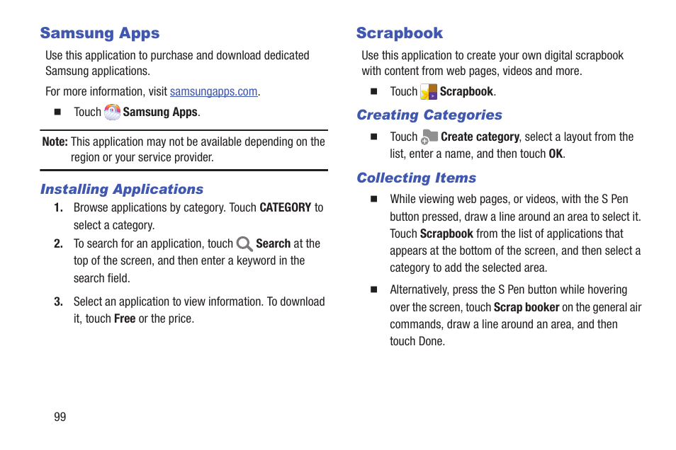 Samsung apps, Scrapbook, Samsung apps scrapbook | Samsung SM-P907AZKAATT User Manual | Page 104 / 166