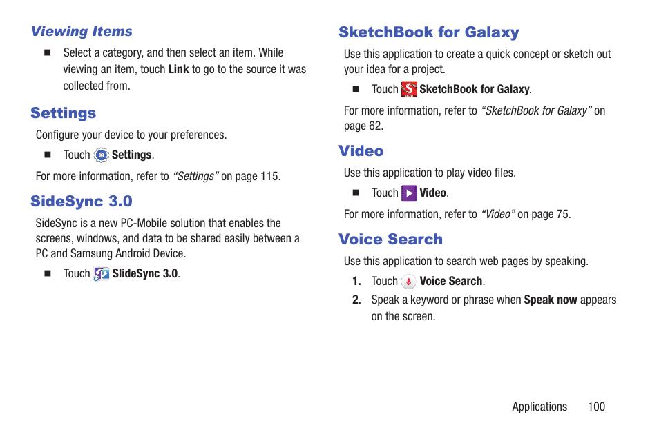 Settings, Sidesync 3.0, Sketchbook for galaxy | Video, Voice search | Samsung SM-P907AZKAATT User Manual | Page 105 / 166