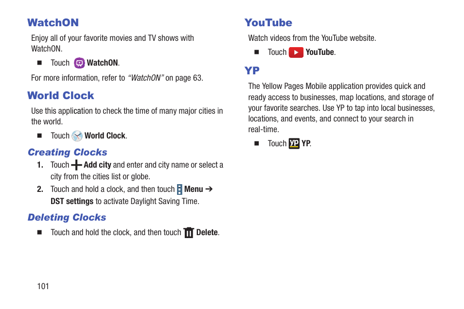 Watchon, World clock, Youtube | Watchon world clock youtube yp | Samsung SM-P907AZKAATT User Manual | Page 106 / 166