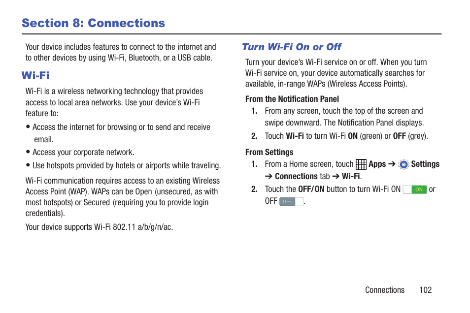 Section 8: connections, Wi-fi, For more | Information, refer to “wi-fi | Samsung SM-P907AZKAATT User Manual | Page 107 / 166