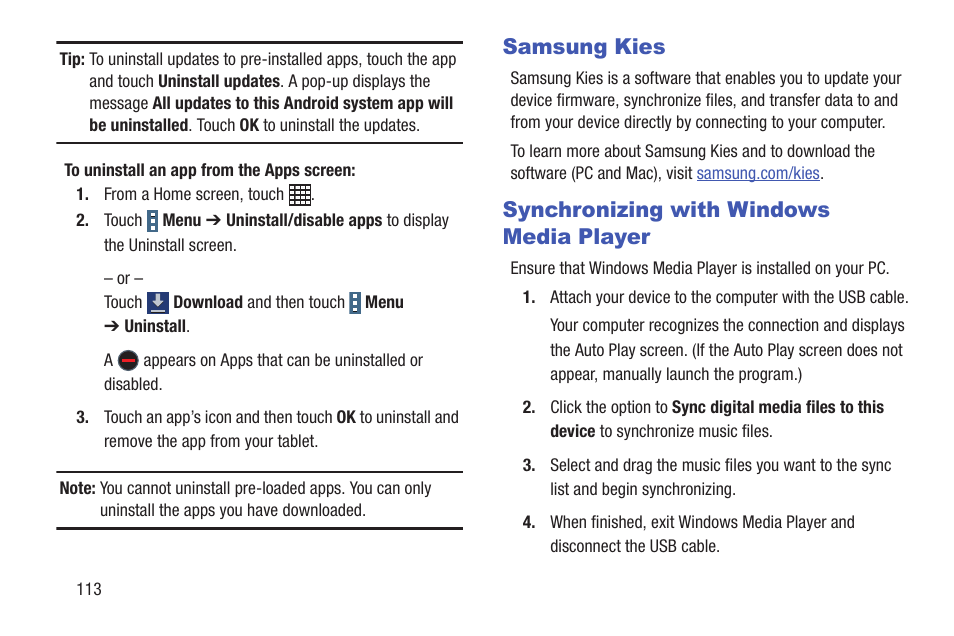 Samsung kies, Synchronizing with windows media player | Samsung SM-P907AZKAATT User Manual | Page 118 / 166