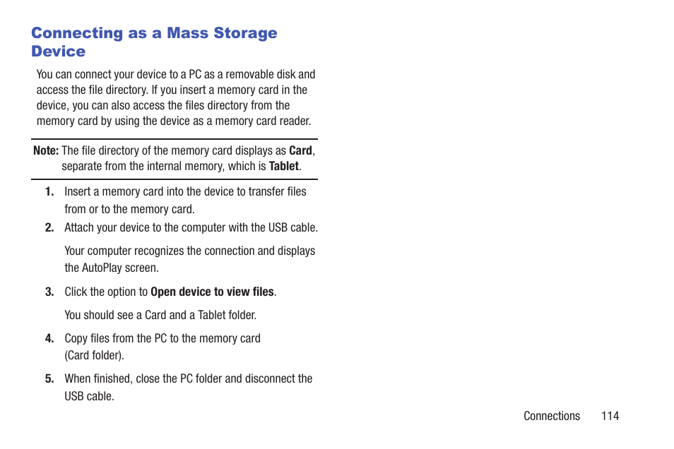 Connecting as a mass storage device | Samsung SM-P907AZKAATT User Manual | Page 119 / 166