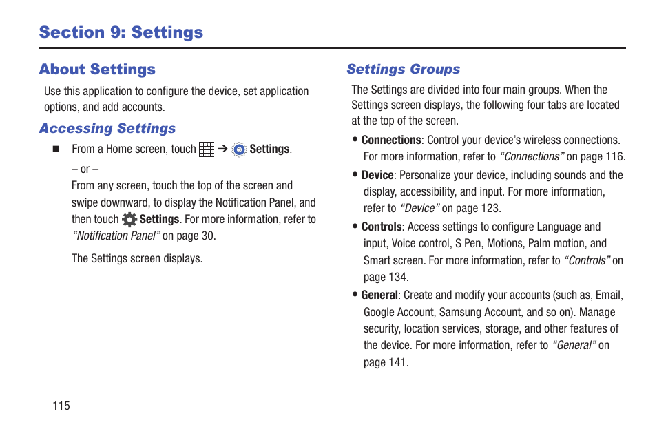 Section 9: settings, About settings | Samsung SM-P907AZKAATT User Manual | Page 120 / 166