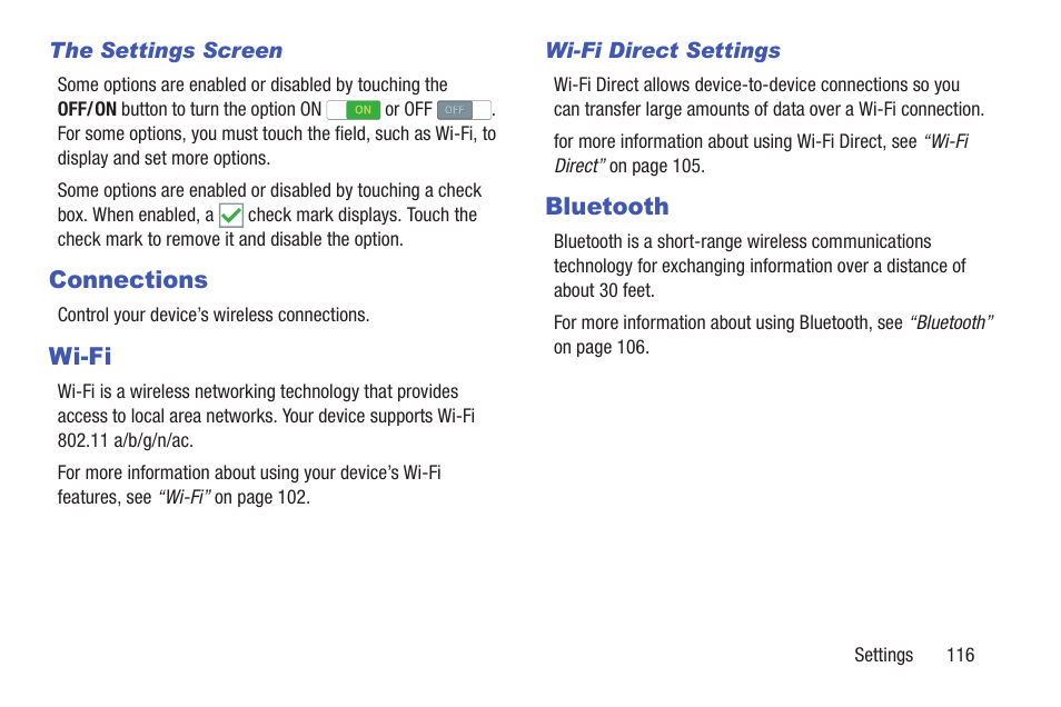 Connections, Wi-fi, Bluetooth | Connections wi-fi bluetooth | Samsung SM-P907AZKAATT User Manual | Page 121 / 166