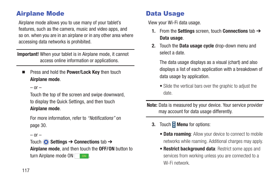 Airplane mode, Data usage, Airplane mode data usage | Samsung SM-P907AZKAATT User Manual | Page 122 / 166