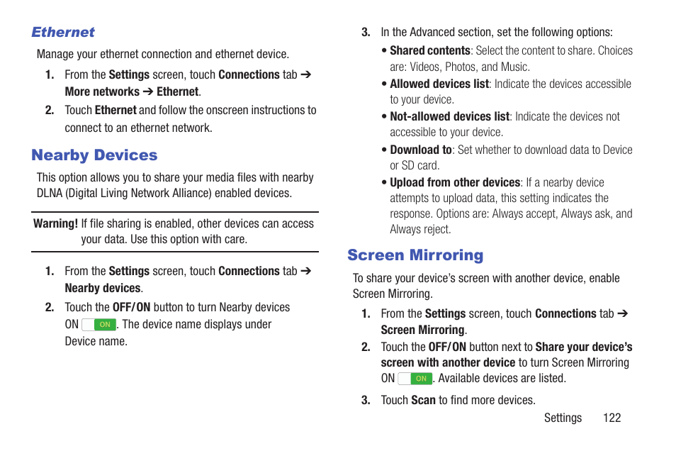 Nearby devices, Screen mirroring, Nearby devices screen mirroring | Samsung SM-P907AZKAATT User Manual | Page 127 / 166