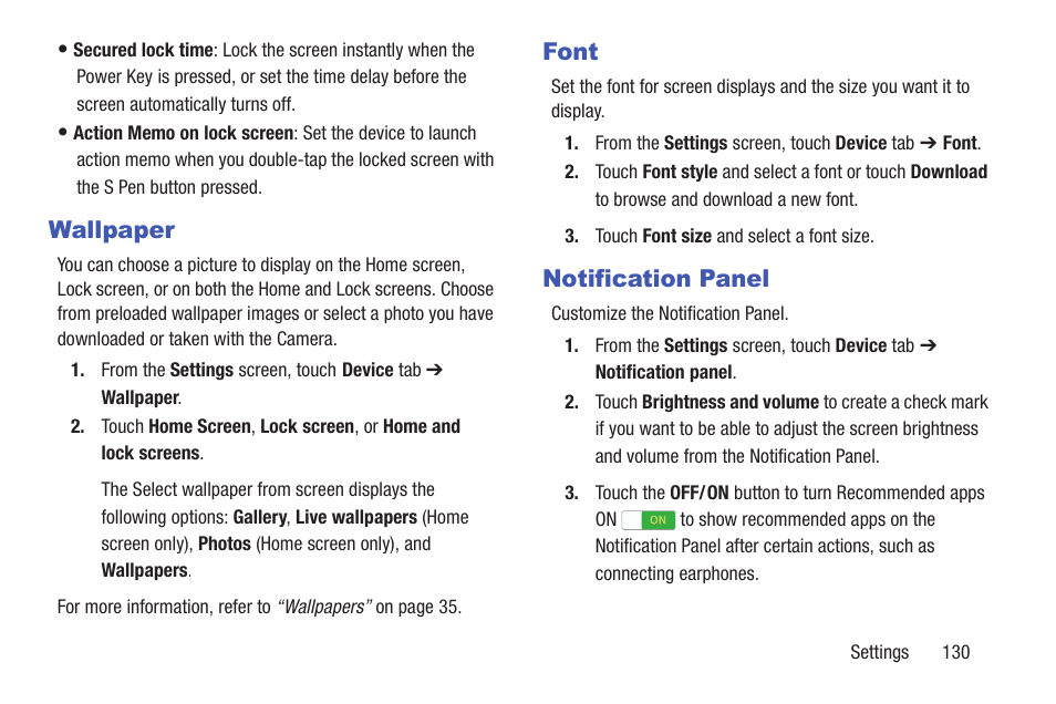 Wallpaper, Font, Notification panel | Font notification panel | Samsung SM-P907AZKAATT User Manual | Page 135 / 166