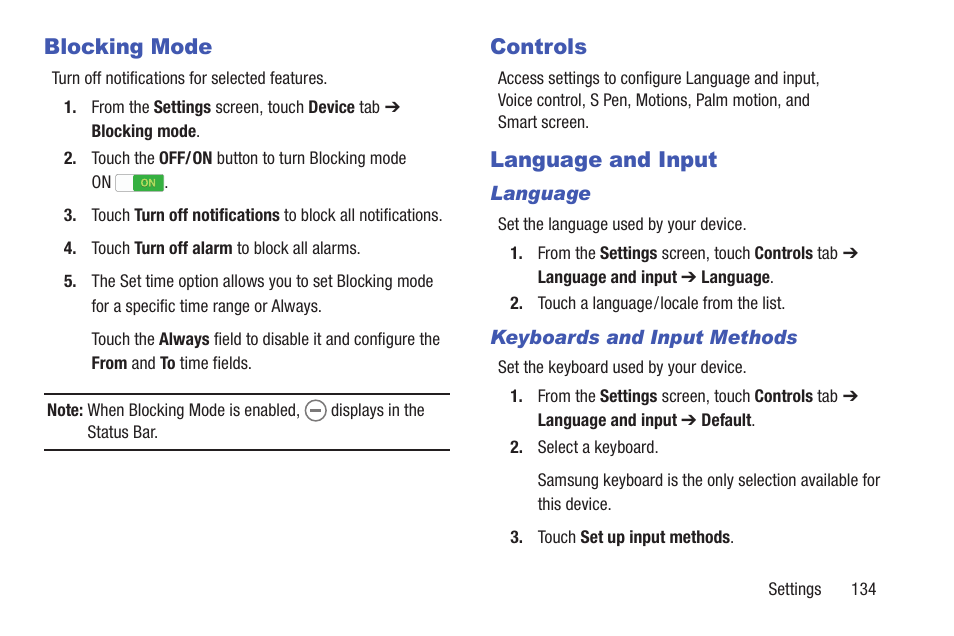 Blocking mode, Controls, Language and input | Blocking mode controls language and input, For more information, refer to “controls” on | Samsung SM-P907AZKAATT User Manual | Page 139 / 166