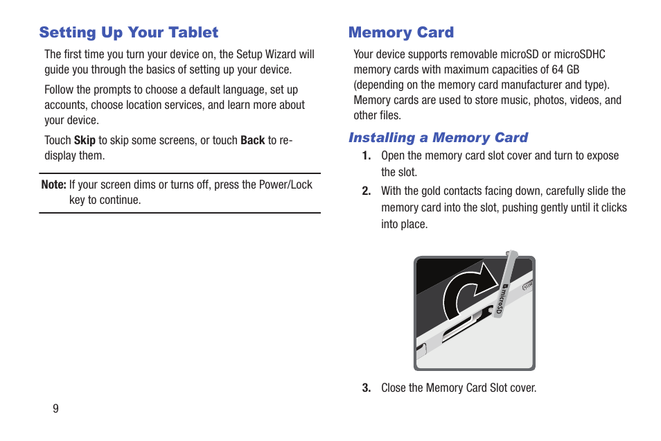 Setting up your tablet, Memory card, Setting up your tablet memory card | Samsung SM-P907AZKAATT User Manual | Page 14 / 166