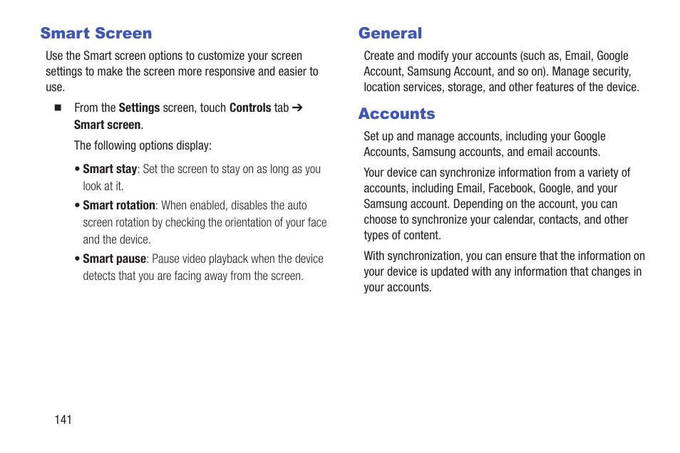 Smart screen, General, Accounts | Smart screen general accounts, For more information, refer to “general” on | Samsung SM-P907AZKAATT User Manual | Page 146 / 166