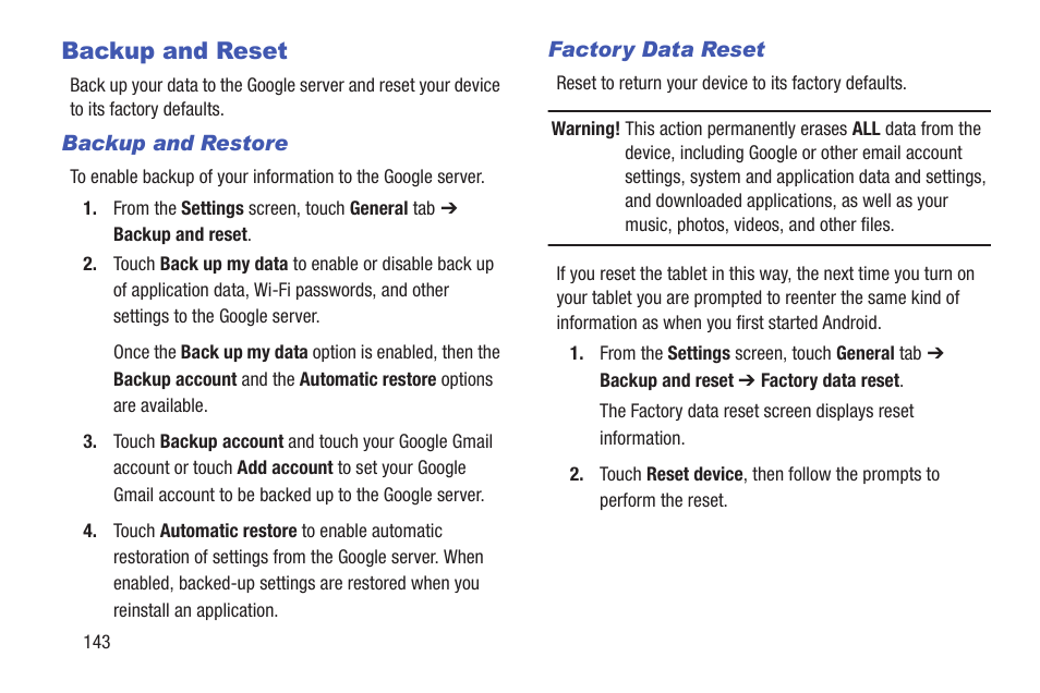 Backup and reset | Samsung SM-P907AZKAATT User Manual | Page 148 / 166