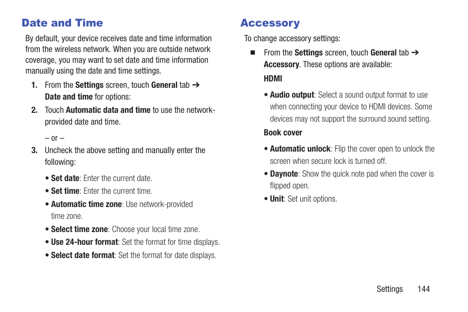 Date and time, Accessory | Samsung SM-P907AZKAATT User Manual | Page 149 / 166