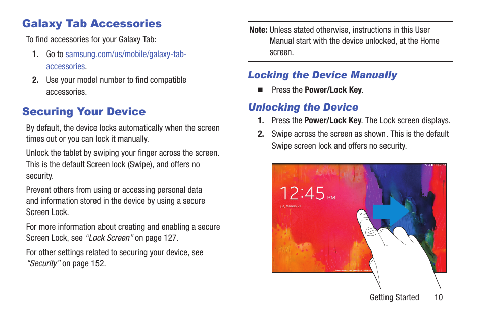 Galaxy tab accessories, Securing your device, Galaxy tab accessories securing your device | Samsung SM-P907AZKAATT User Manual | Page 15 / 166