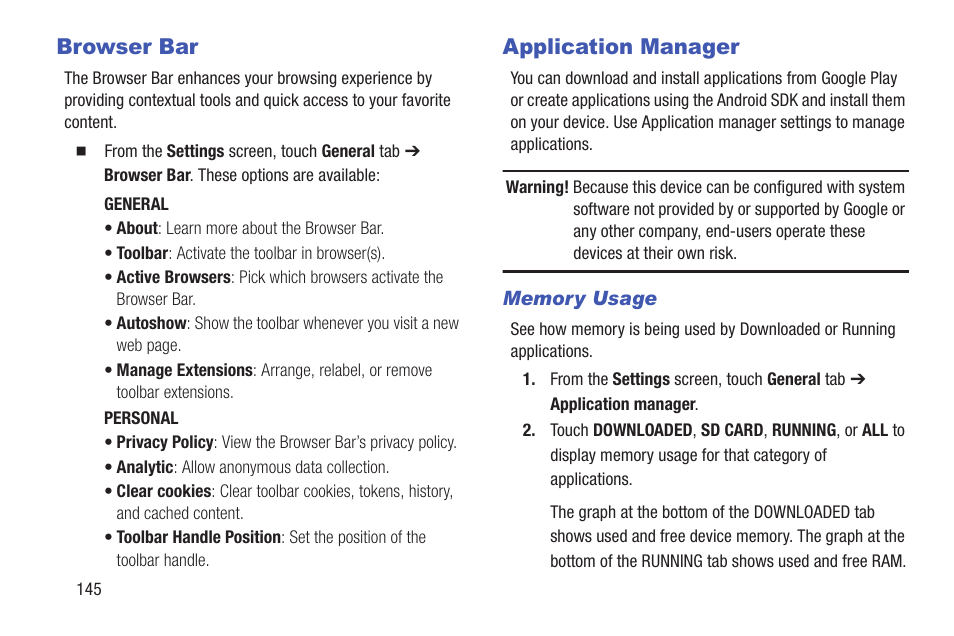 Browser bar, Application manager, Browser bar application manager | Samsung SM-P907AZKAATT User Manual | Page 150 / 166