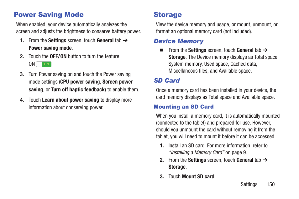 Power saving mode, Storage, Power saving mode storage | Samsung SM-P907AZKAATT User Manual | Page 155 / 166