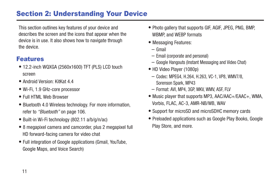 Section 2: understanding your device, Features | Samsung SM-P907AZKAATT User Manual | Page 16 / 166