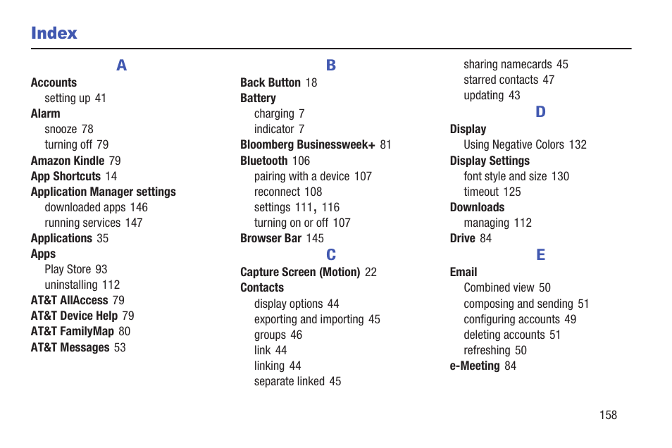 Index | Samsung SM-P907AZKAATT User Manual | Page 163 / 166