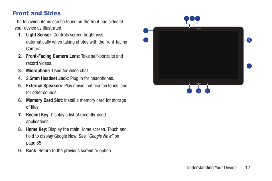 Front and sides | Samsung SM-P907AZKAATT User Manual | Page 17 / 166